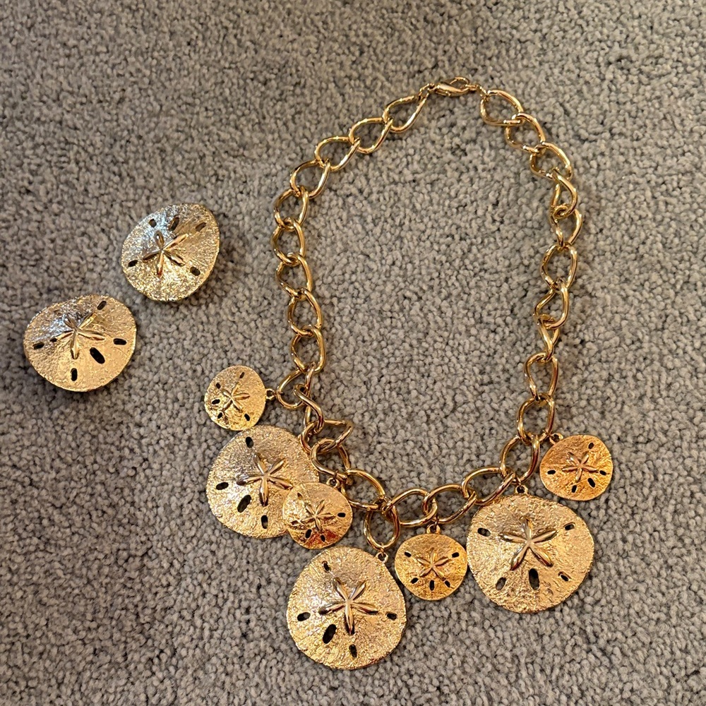 Gold Sand Dollar Charm Necklace and Earrings Set